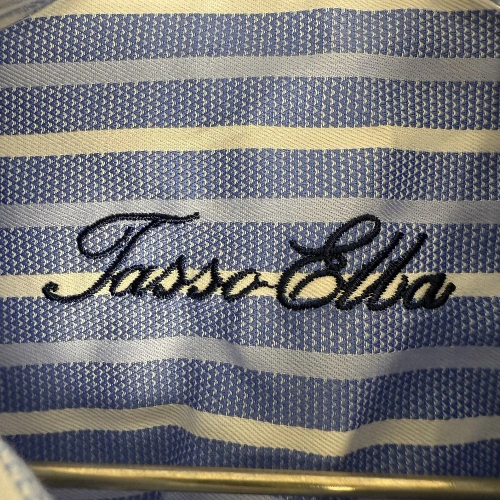 Tasso Elba Mens Large Blue White Stripe Button Down Dress Shirt 100% Cotton - Picture 3 of 8